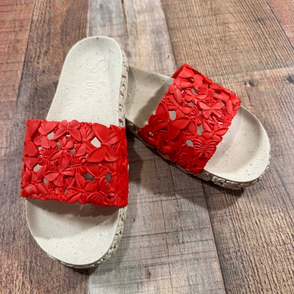 Sunies Butterfly Slides Womens 6 Red Floral Vegan Boutique Sandals Eco Friendly